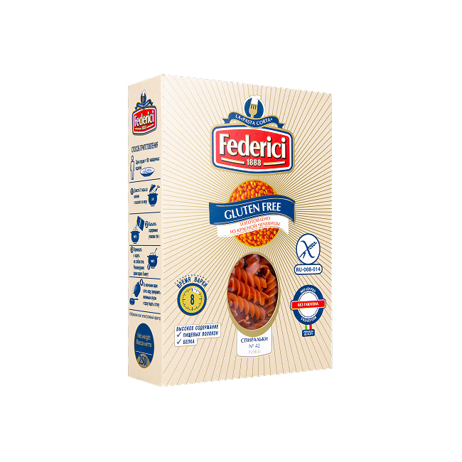 Federici №42 Fusilli Спиральки без глютена из Красной Чечевицы, 250 гр